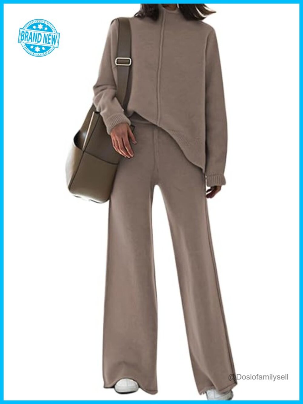 Women's 2 Piece Knit Sweatsuit Turtleneck Top and Wide Leg Pant Lounge Set